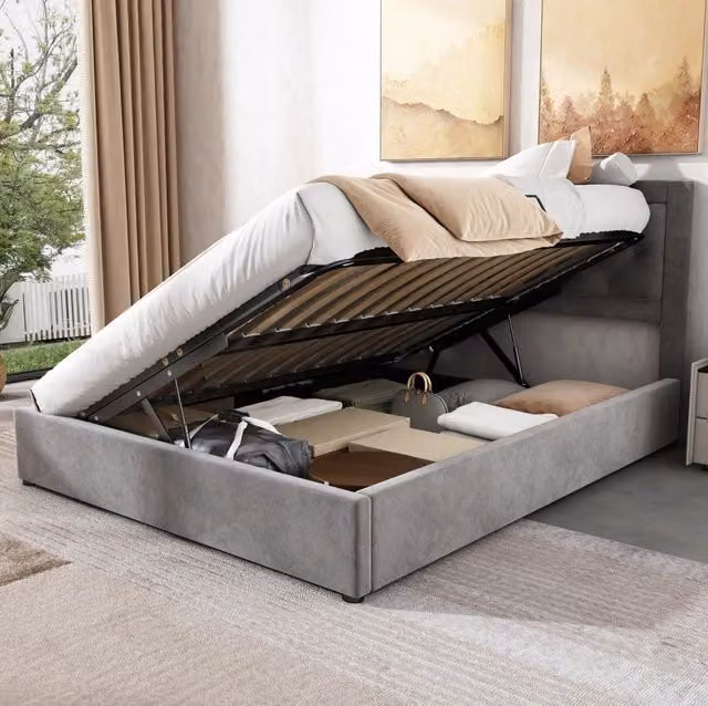 Letto imbottito 140x200 cm grigio acciaio e velluto, contenitore laterale, senza materasso