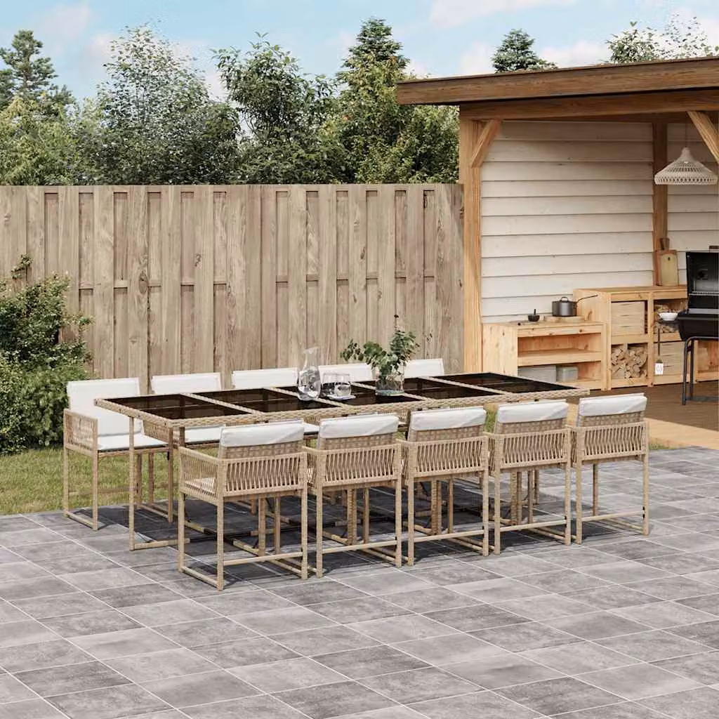 vidaXL Set da Pranzo da Giardino 11 pz in Polyrattan con Cuscini Beige e Piano in Vetro – 1