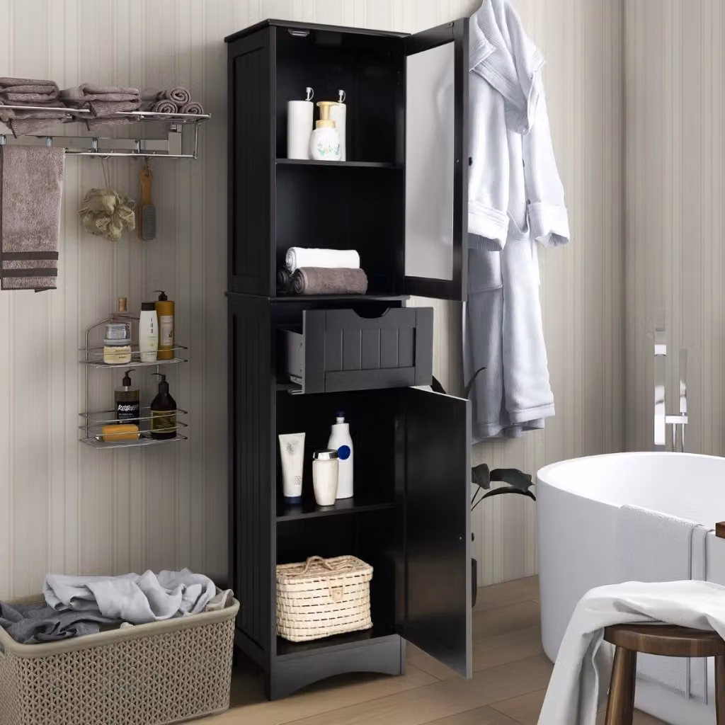 Mobile da bagno moderno DESIGN IN con ante in vetro e cassetto, colore nero, H 170 x L 40 x P 30 cm – 2