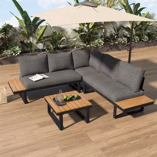 Set da giardino con panca in acciaio e teak, tavolo da salotto regolabile