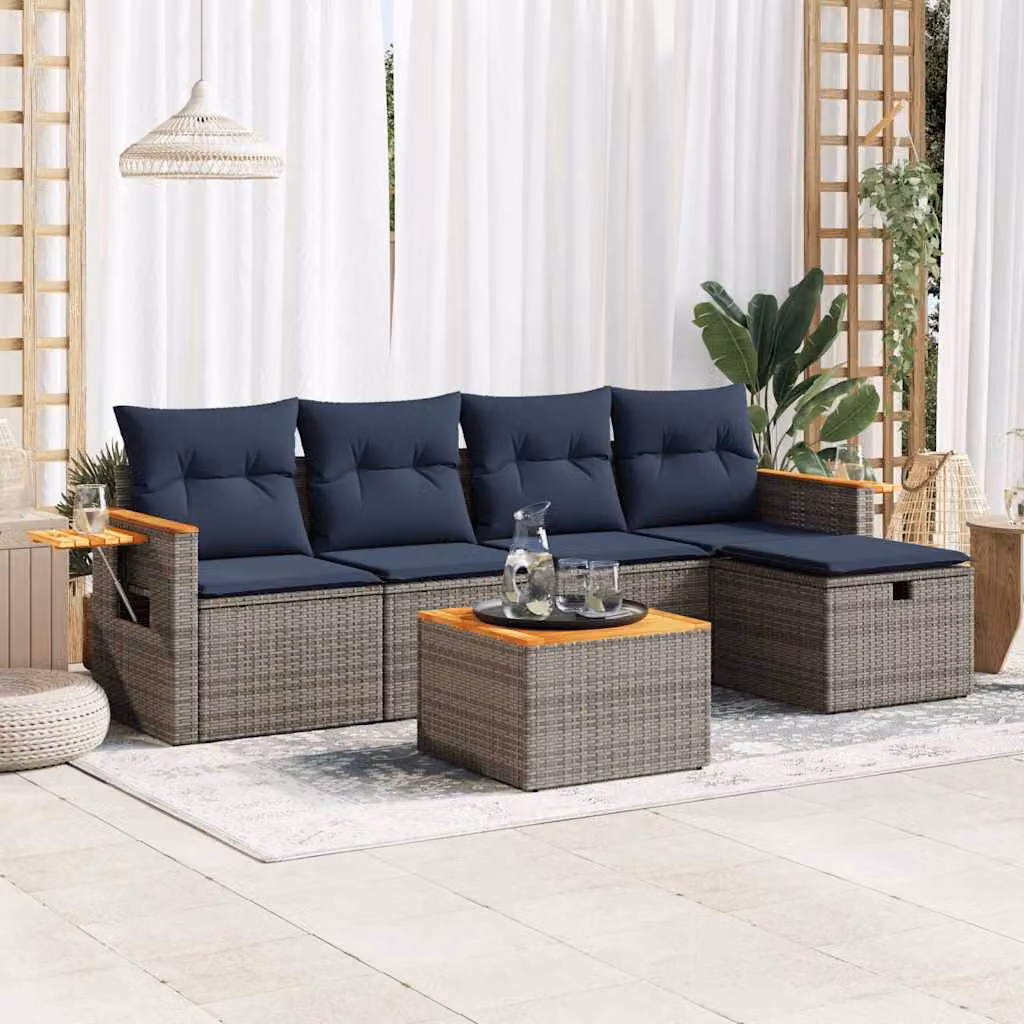 Set Divano da Giardino vidaXL a Forma di L in Polyrattan con Cuscini e Tavolino, 6 Pezzi, Grigio