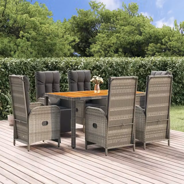 Set da Pranzo da Giardino vidaXL in Polyrattan e Legno di Acacia Grigio 7 Pezzi