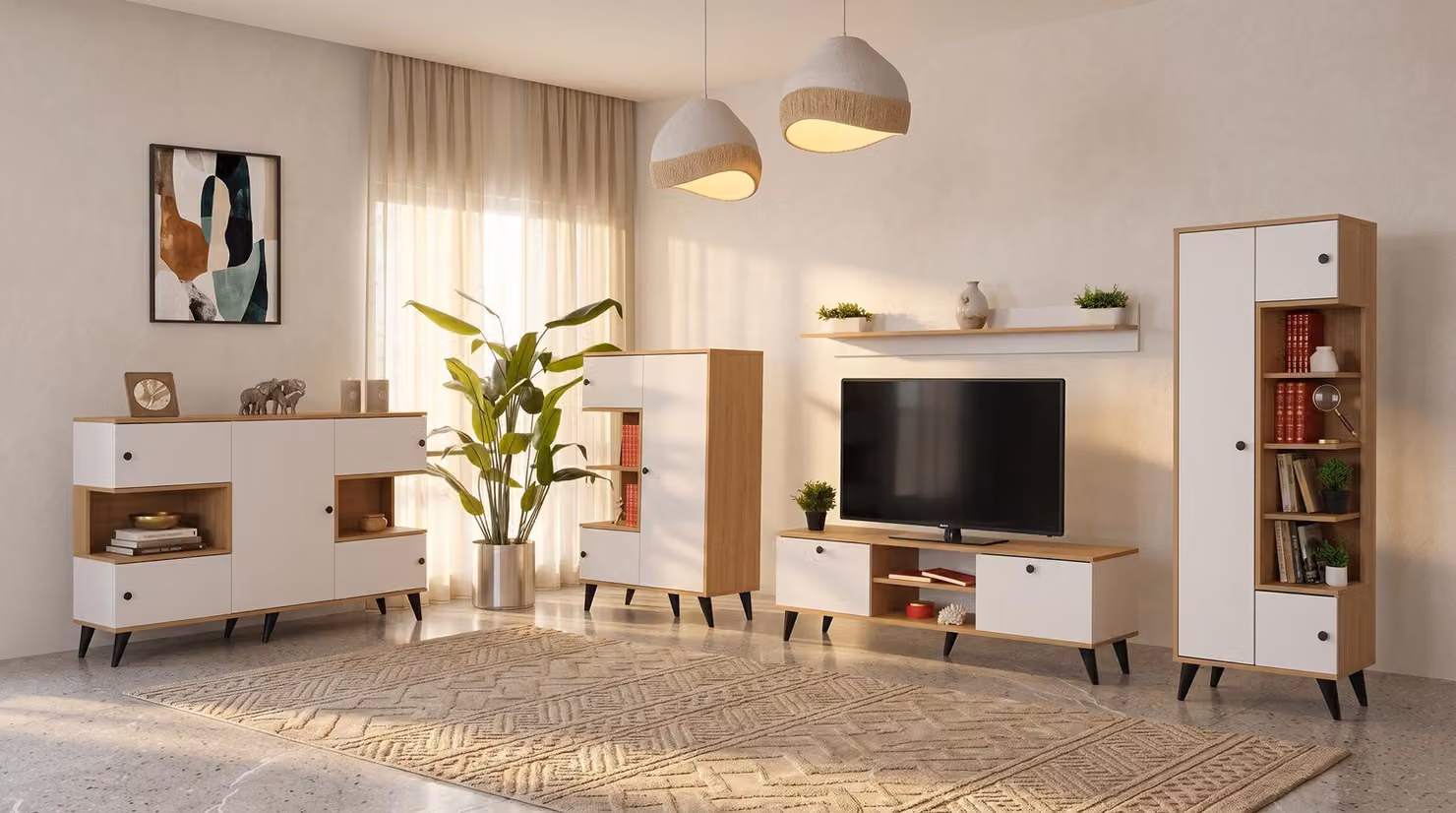Televisore bianco, mobile TV, mobile porta TV, scaffale, libreria, mobili per il soggiorno