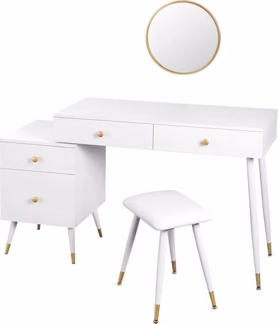 Toiletta con Specchio, Tavolo di Trucco, Scrivania - 100x40x75.5 cm - MDF e Metallo - Bianco con Oro