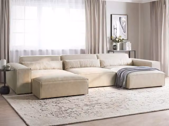 Divano angolare modulare a 3 posti a sinistra con ottomana Divano componibile in velluto beige con gambe nere Soggiorno moderno