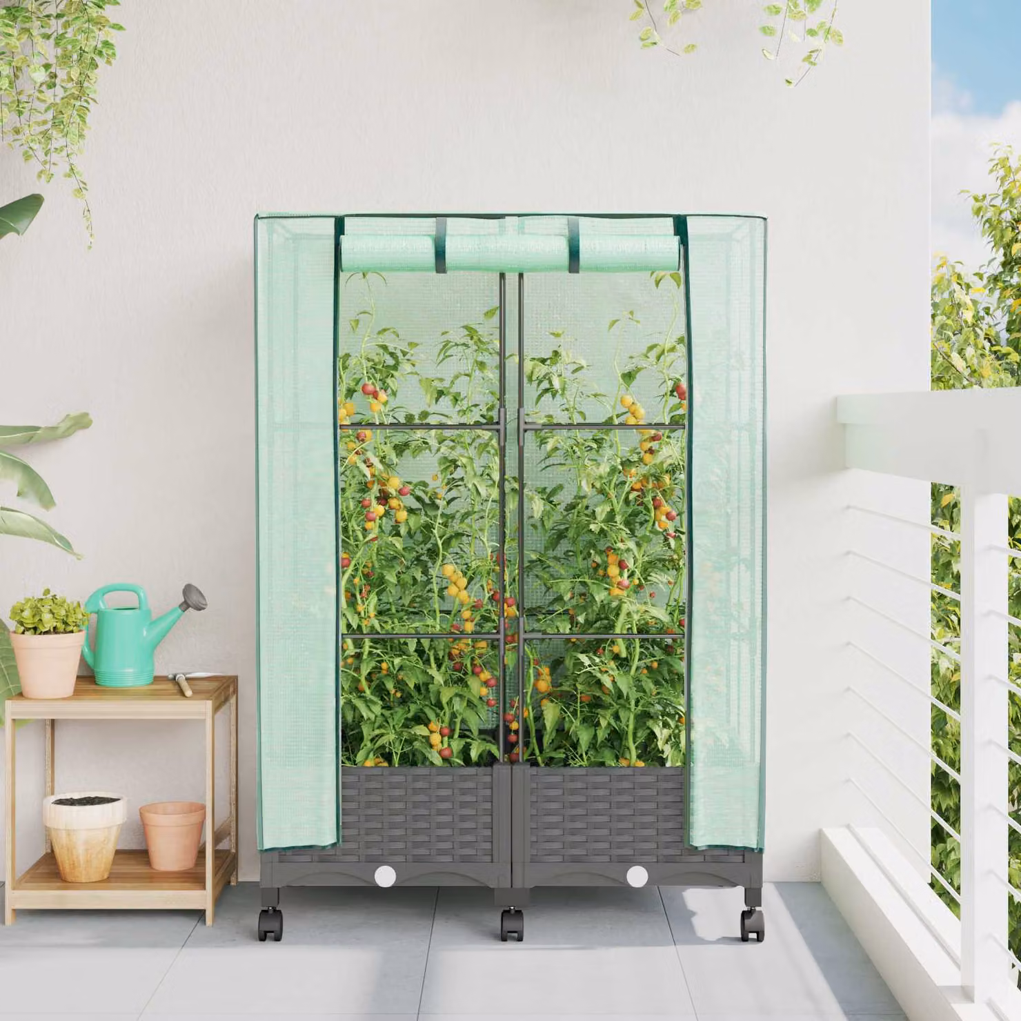 Set di 2 vasi da giardino con copertura per serra e ruote vidaXL in plastica, grigio e verde