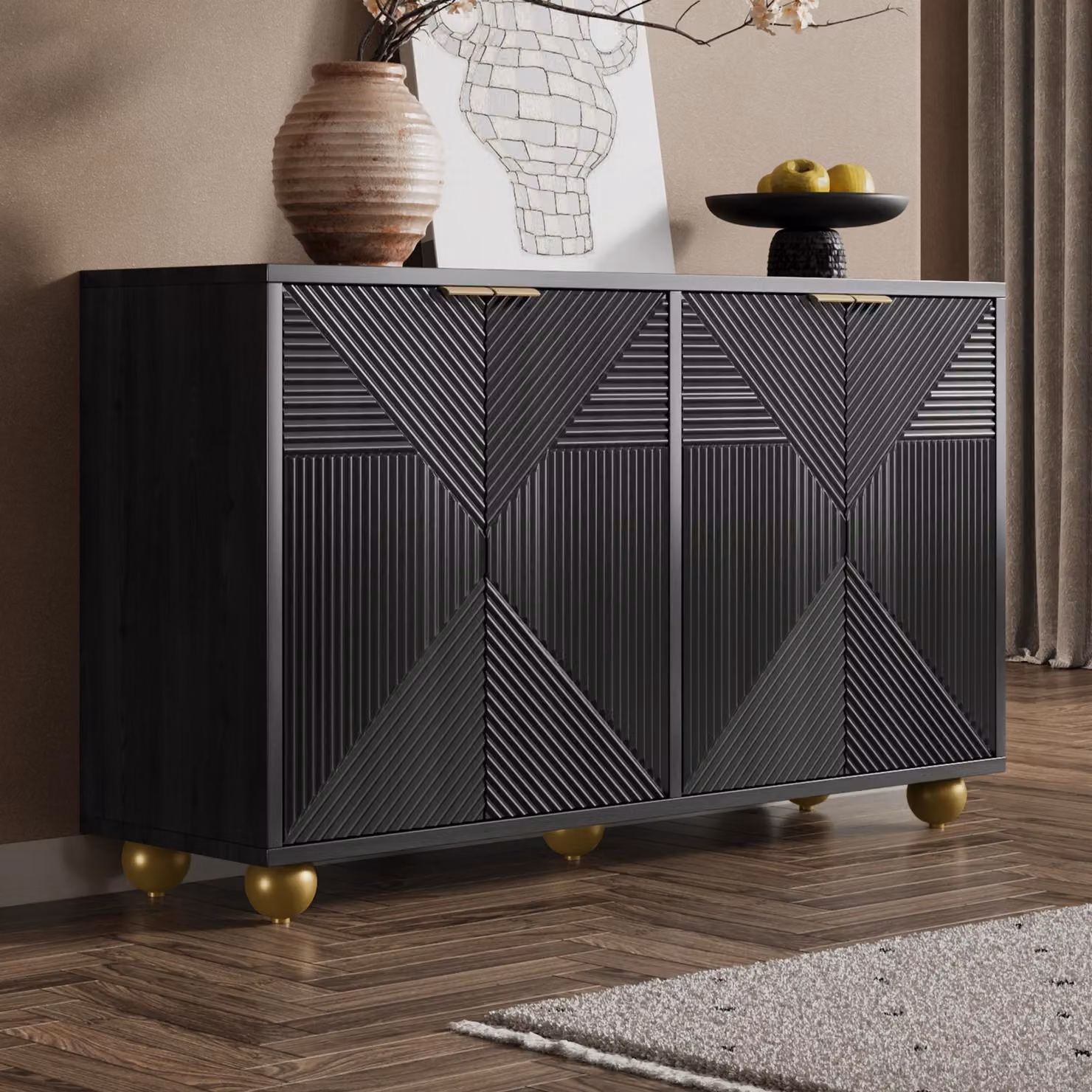 Credenza STILVORA con 4 ante sagomate, mobile di servizio con ripiani interni regolabili e maniglie in metallo, credenza con gambe a forma di sfera, nero
