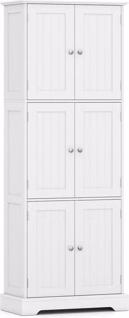 Mobiletto alto da bagno salvaspazio con 6 ante con 2 dispositivi antiribaltamento, Armadietto da bagno a terra per cucina e soggiorno Bianco