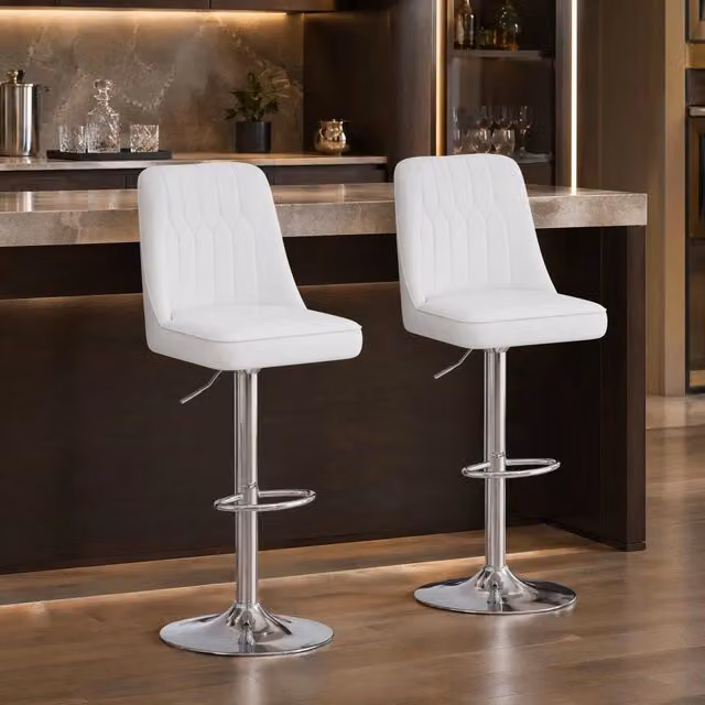 Set 2 sgabelli bar regolabili e girevoli 360° in PU bianco e metallo argento HAVRYA