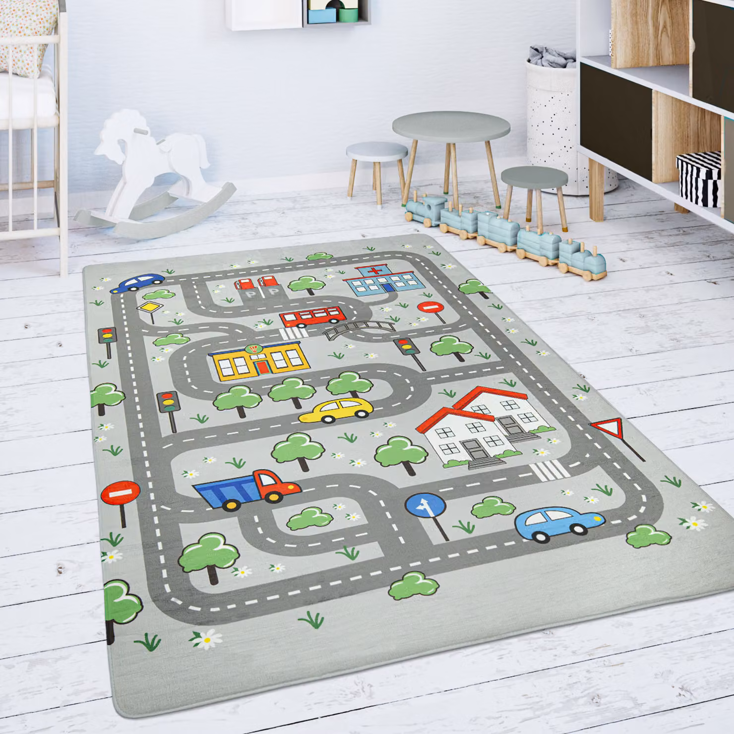 Tappeto lavabile per bambini Chiko con design astratto grigio e verde, L: 230 cm, P: 155 cm – 2