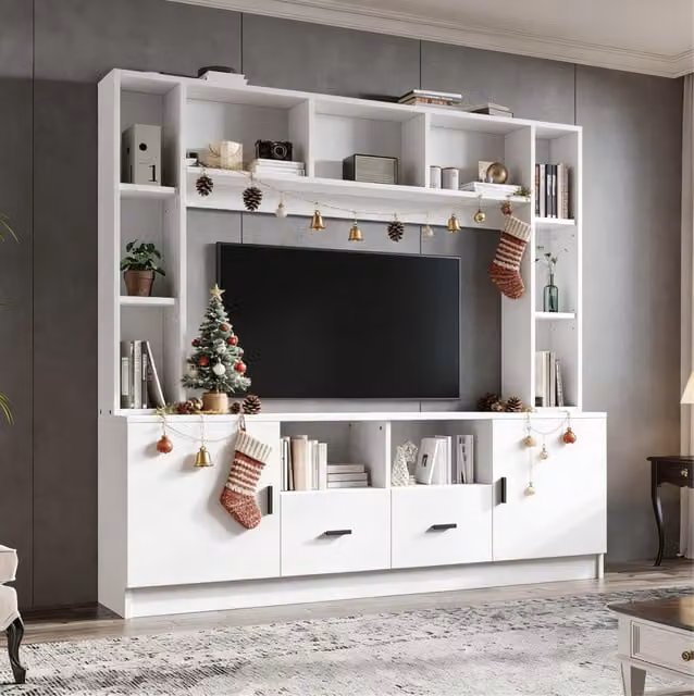 Set mobili TV bianco 180x35x170 cm con 2 armadietti, 2 cassetti e 11 scomparti, mobile per soggiorno fino a 60"