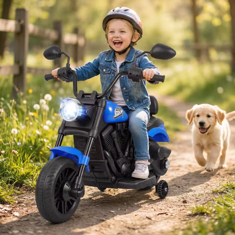 Moto elettrica Costway con fari e musica, batteria 6V e ruote di supporto, Blu per bambini dai 3 anni in su