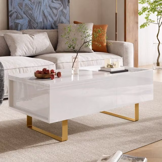 Tavolino da salotto elevabile con vano e cassetto estraibile, MDF lucido bianco, per soggiorno, 100 × 50 × 54,5 cm