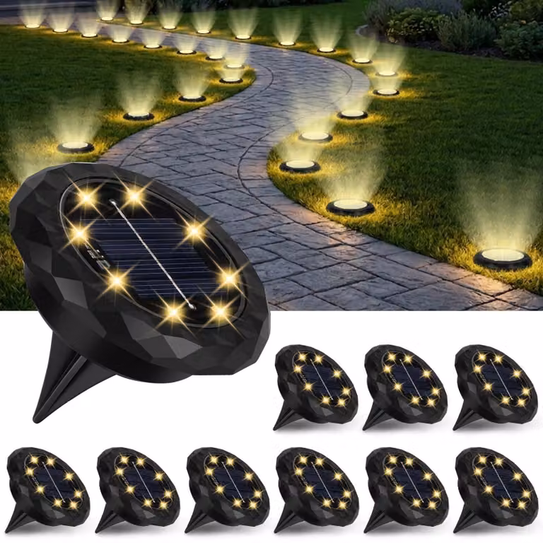 Set di 10 faretti solari da incasso, 8 LED, grado di protezione IP65, luce bianco caldo, forma rotonda, diametro 7,1 cm