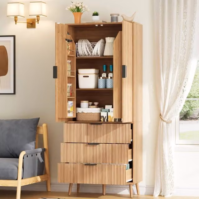 Mobile dispensa con 2 ante e 3 cassetti; 75x35x180 cm; MDF naturale