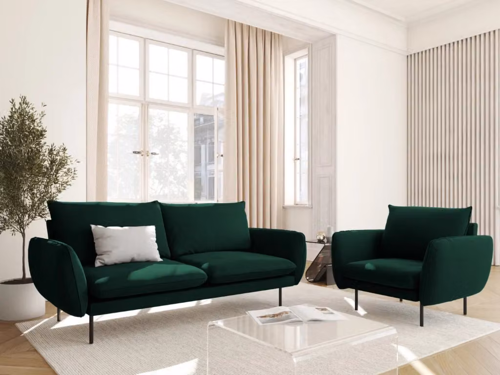 Divano 2 posti Vienna di Cosmopolitan Design in velluto verde bottiglia con struttura in metallo – 2