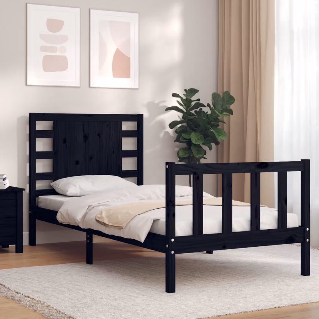 vidaXL Giroletto con Testiera in Legno di Pino Massello Nero L/P/H: 190 x 80 x 80,5 cm