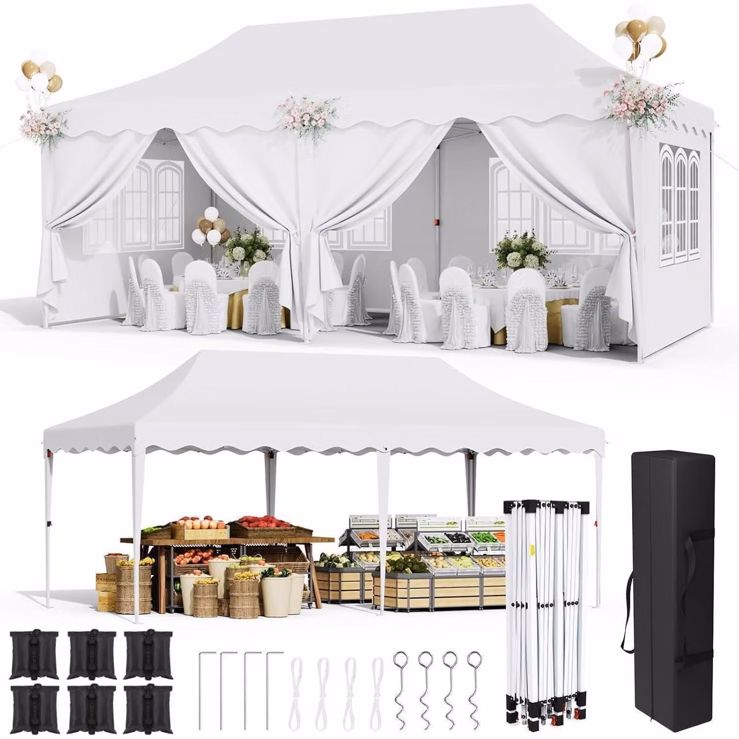Gazebo da esterno 3x6 metri, colore bianco, impermeabile, con protezione UV 50+, altezza regolabile da 290 a 310 cm, dotato di 6 pareti laterali