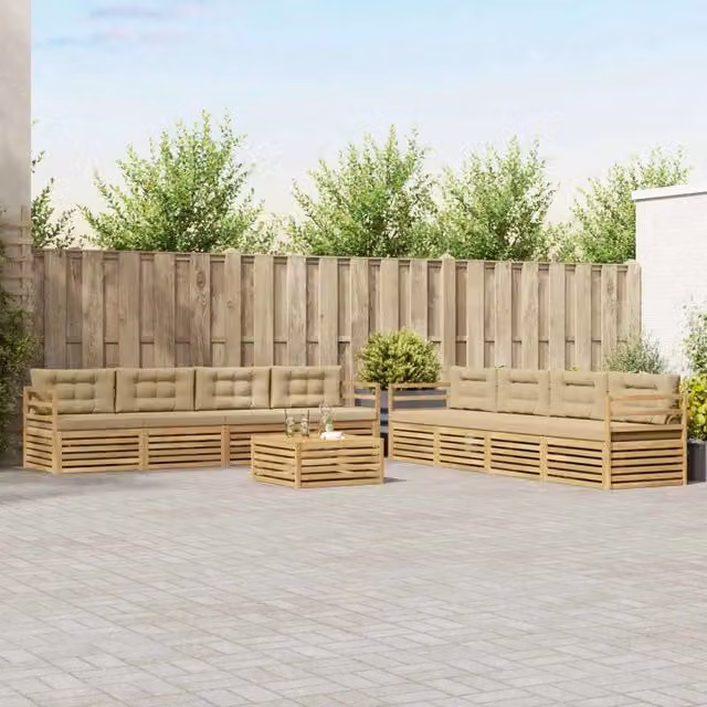 Set di divani da esterno a forma di U con tavolino da giardino vidaXL, 9 pezzi, Bianco e Beige, in legno di acacia e tessuto resistente ai raggi UV – 1
