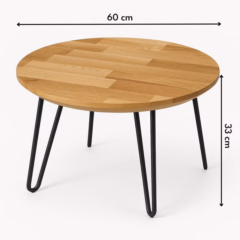 Regalik: Tavolino basso rotondo in legno di quercia, diametro 60 cm – gambe in metallo nero, legno massello, altezza 33 cm, tavolino da salotto moderno, tavolino robusto