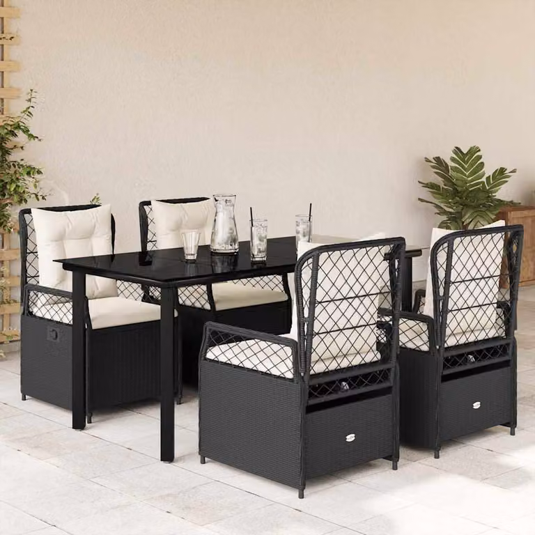 Set da Pranzo da Giardino vidaXL in Polyrattan Nero con Cuscini e Tavolo in Vetro 5 pz
