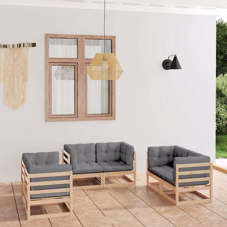 Set di divani da giardino vidaXL in legno di pino massello con 6 pezzi e cuscini grigi