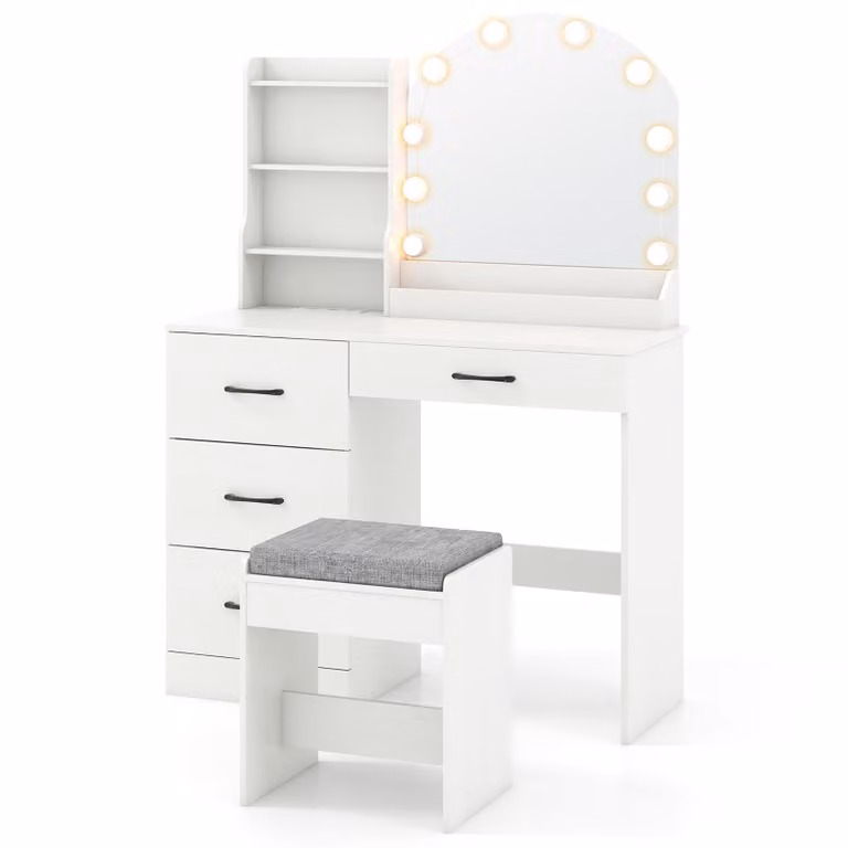 COSTWAY tavolo da trucco tavolo da toeletta tavolo cosmetico con sgabello, stazione di ricarica, LED, 3 colori con luminosità regolabile, specchio e 4 cassetti bianco