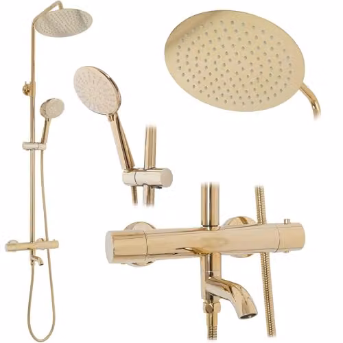 Rea Colonna Doccia SET CON TERMOSTATO LUNGO GOLD Sistema Doccia in Ottone per Bagno (Oro)