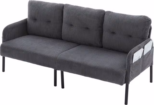 Divano lineare a 3 posti Chicfurn in velluto a coste grigio con schienale ergonomico e tasche laterali L: 171 cm, P: 80 cm, H: 72 cm – 1