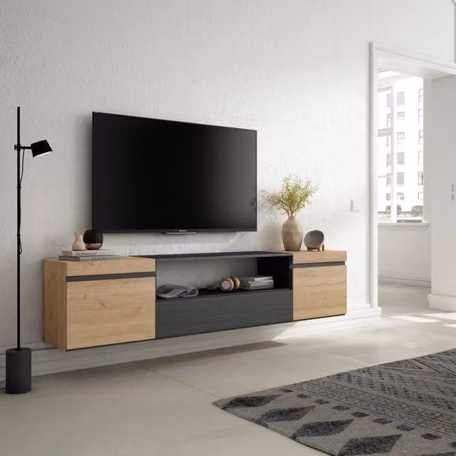 Mobile TV, 200x35x45cm, soggiorno, Per TV fino a 80", da appendere, colore Rovere e nero RF2258