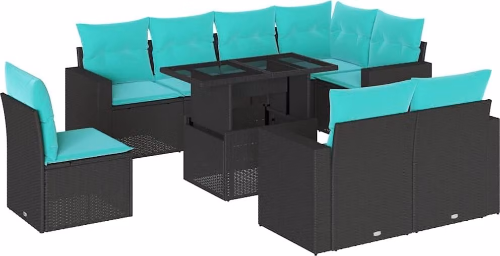 set di divani da giardino da 9 pezzi con cuscini, in polyrattan nero