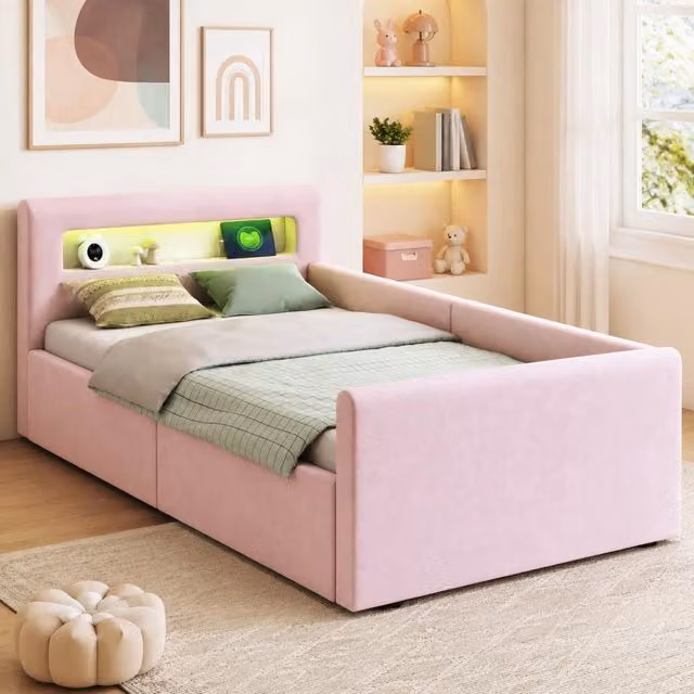Letto imbottito per bambini 90x200 cm in velluto rosa con LED; luce notturna; USB e contenitore