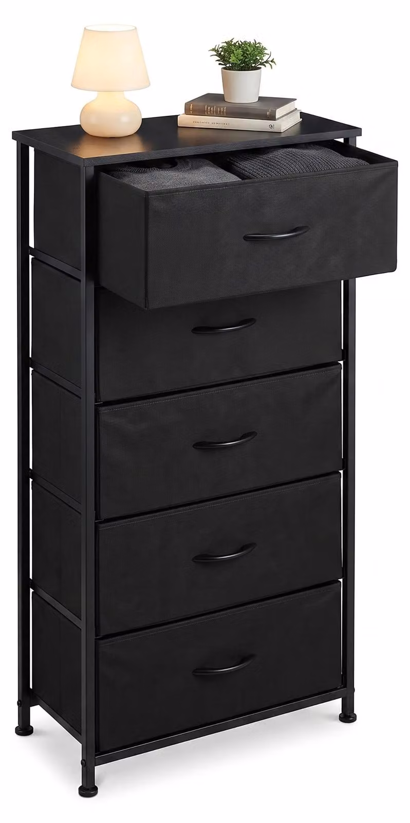 Comodino Relaxdays, dimensioni: 94 x 45 x 30 cm, 5 cassetti in tessuto, metallo, MDF, ideale per ingresso, camera da letto, comodino per ingresso, colore nero