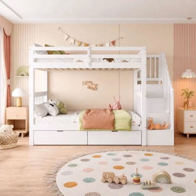 Letto a castello ULEVR 90x200 cm con scala a ripiani, 2 cassetti e sponde alte, bianco