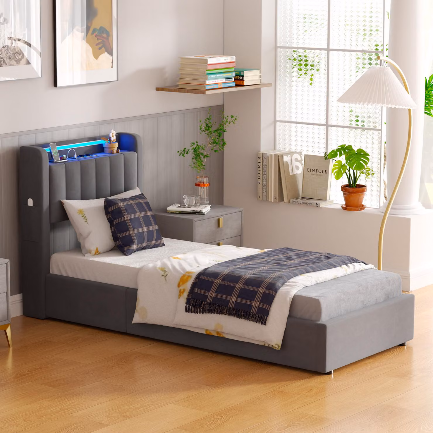 Letto boxspring MODFU per ragazzi 90x190 con luci a LED e prese elettriche, letto imbottito con contenitore, letto con spazio contenitivo, senza materasso, grigio
