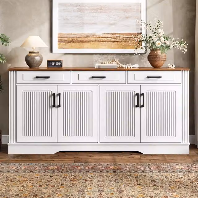 Credenza bianca 160 cm in MDF; mobile soggiorno 4 ante e madia con 3 cassetti; design a strisce verticali