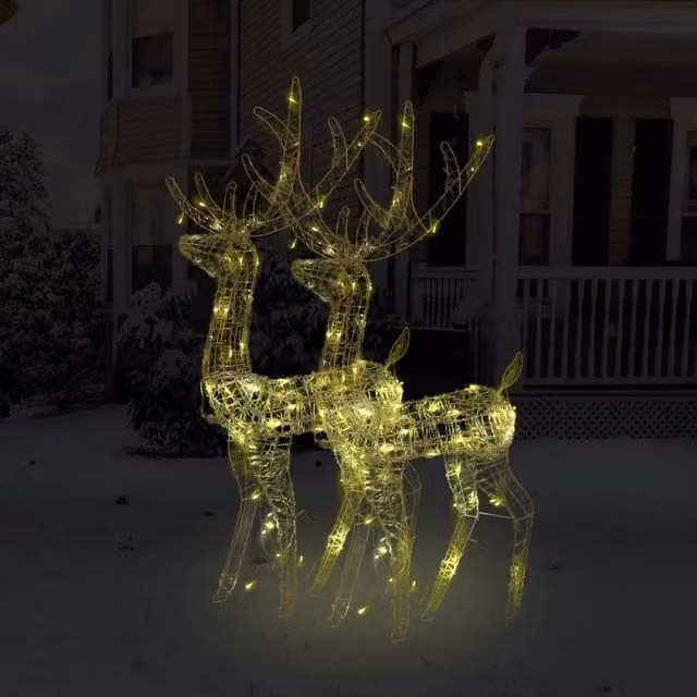 Set di 2 decorazioni natalizie a forma di renna vidaXL con illuminazione LED bianco caldo, colore bianco, per giardino e interno, Altezza: 128 cm