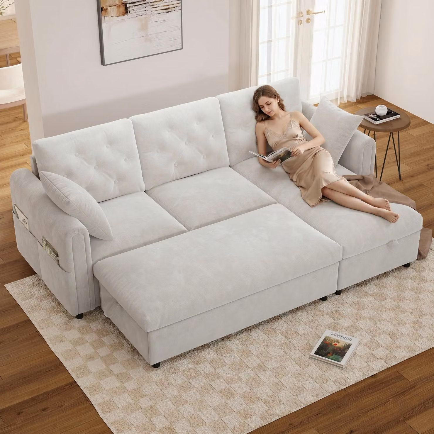 Divano ad angolo a 3 posti Merax con vano portaoggetti, divano con chaise longue e pouf, divano con tasche portaoggetti, pouf rimovibile, divano in velluto, beige