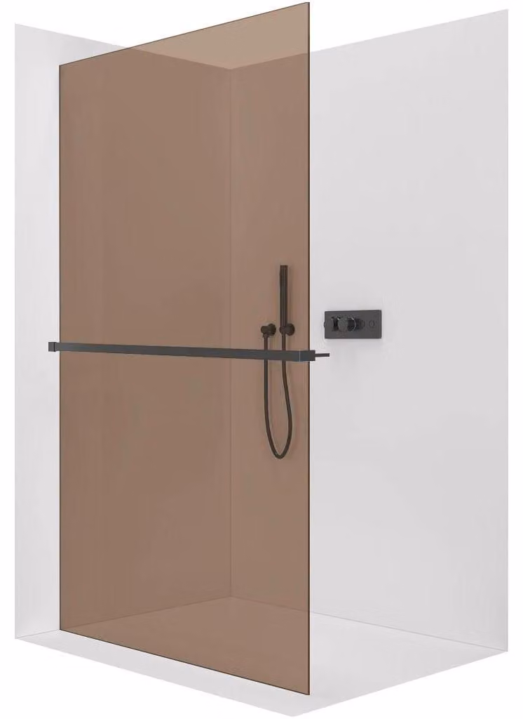 CERANO - Box doccia Walk-in Crystal L/P - 8 mm + mensola/portasciugamani - sistema senza montanti - nero opaco, vetro bronzo - 70x200 cm