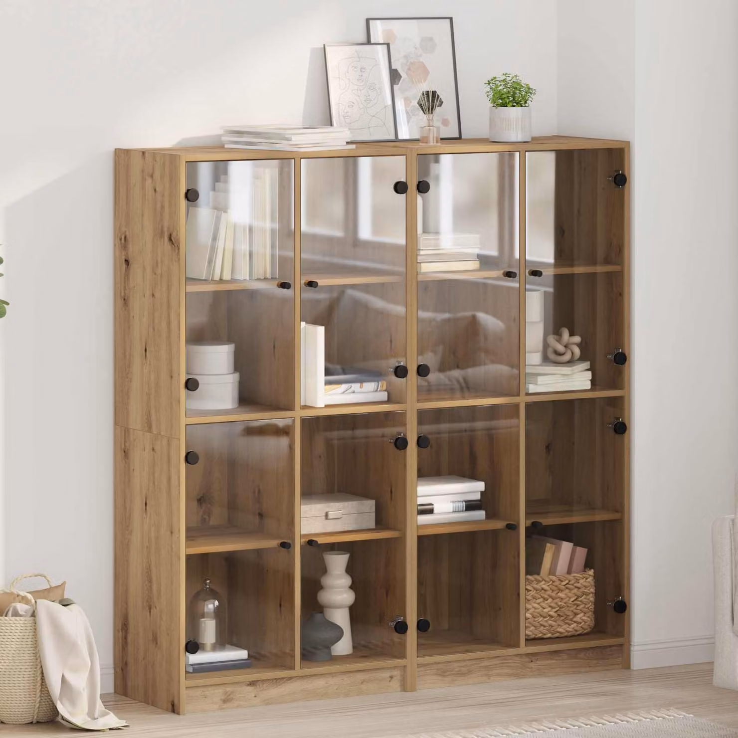 vidaXL Credenza Moderna in Rovere con Ante in Vetro e Ripiani Interni, L/P/H: 68 x 37 x 142 cm – 1