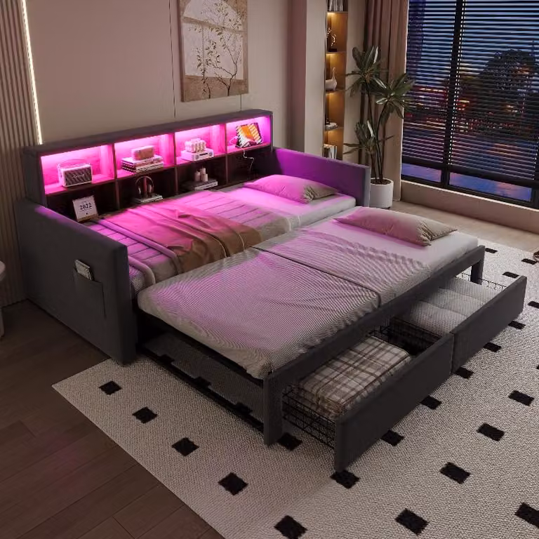 Letto imbottito a scomparsa 90x190 cm con rete a doghe, testiera con vani contenitori integrati, striscia LED, prese di corrente e 2 cassetti, rivestito in velluto color grigio scuro