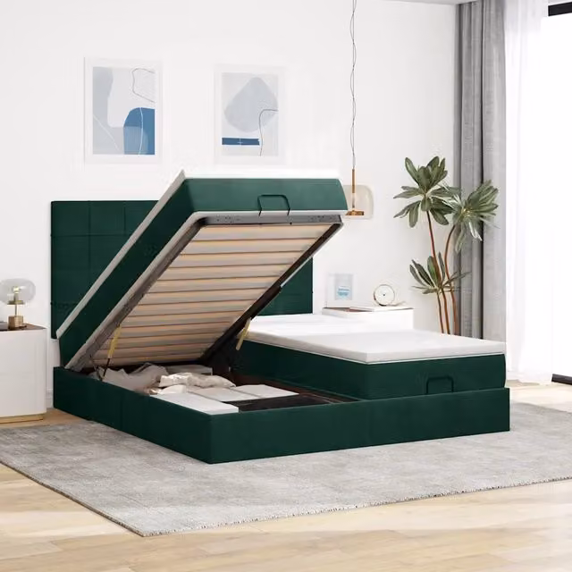Letto con contenitore a sollevamento vidaXL in velluto verde e bianco con porta USB e illuminazione sottostante L/P/H: 203 x 160 x 128 cm – 1