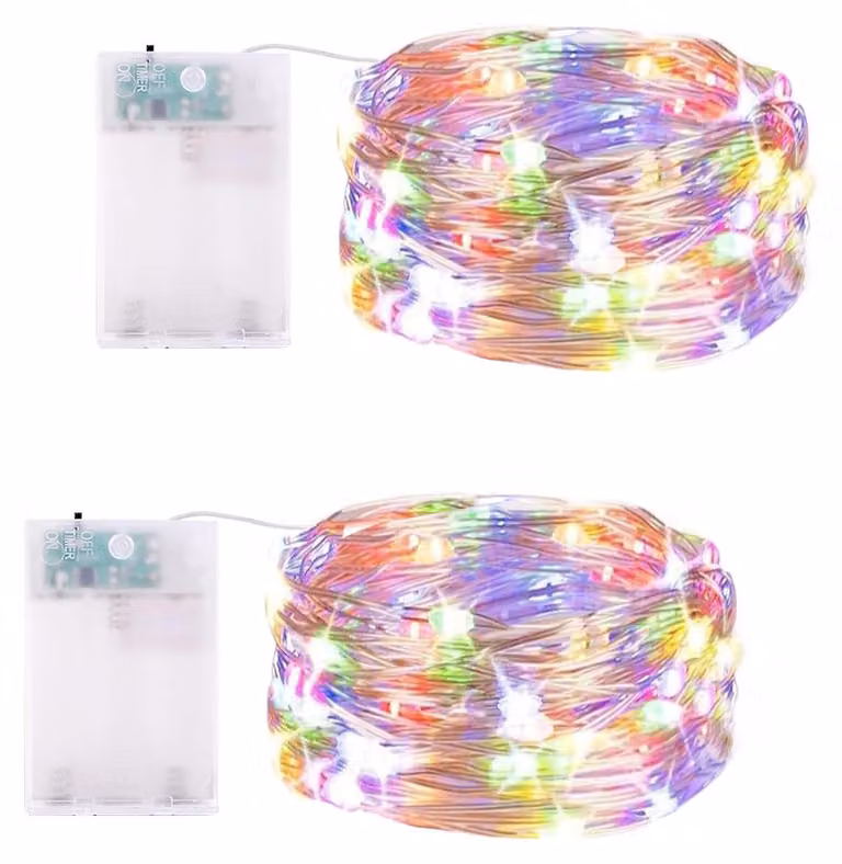 Catena luminosa a LED, 5 metri, 50 LED, multicolore, con timer, 3 modalità, confezione da 2 pezzi