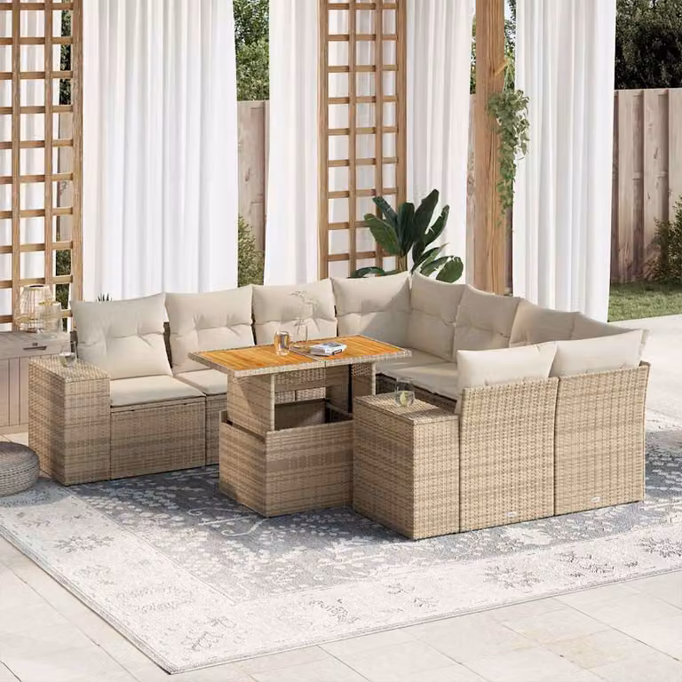 Set Divano da Giardino vidaXL 9 pz in Polyrattan con Cuscini Beige e Legno di Acacia Oliato