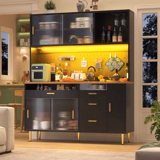 Colonna moderna WISHDOR con illuminazione LED e ante scorrevoli in vetro, nero, L/P/H: 145 x 39 x 171 cm