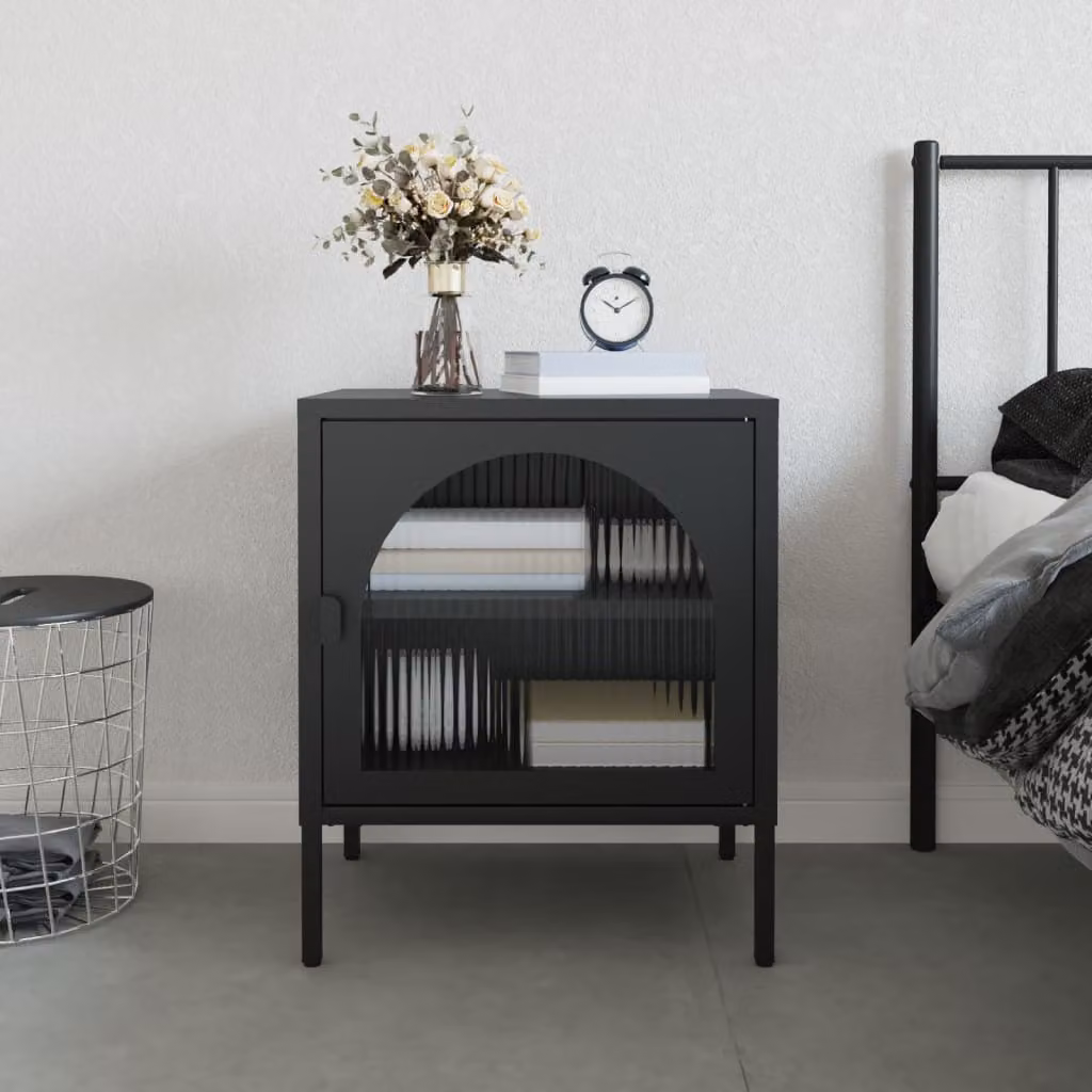 Comodino moderno vidaXL in vetro e metallo nero L 50 cm x P 35 cm x H 60 cm