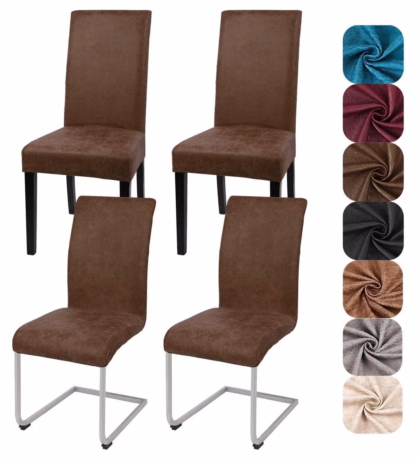 Copri-sedie, set da 4, effetto pelle scamosciata, color marrone, elasticizzati, removibili, adatti per sedie da pranzo con schienale indipendente