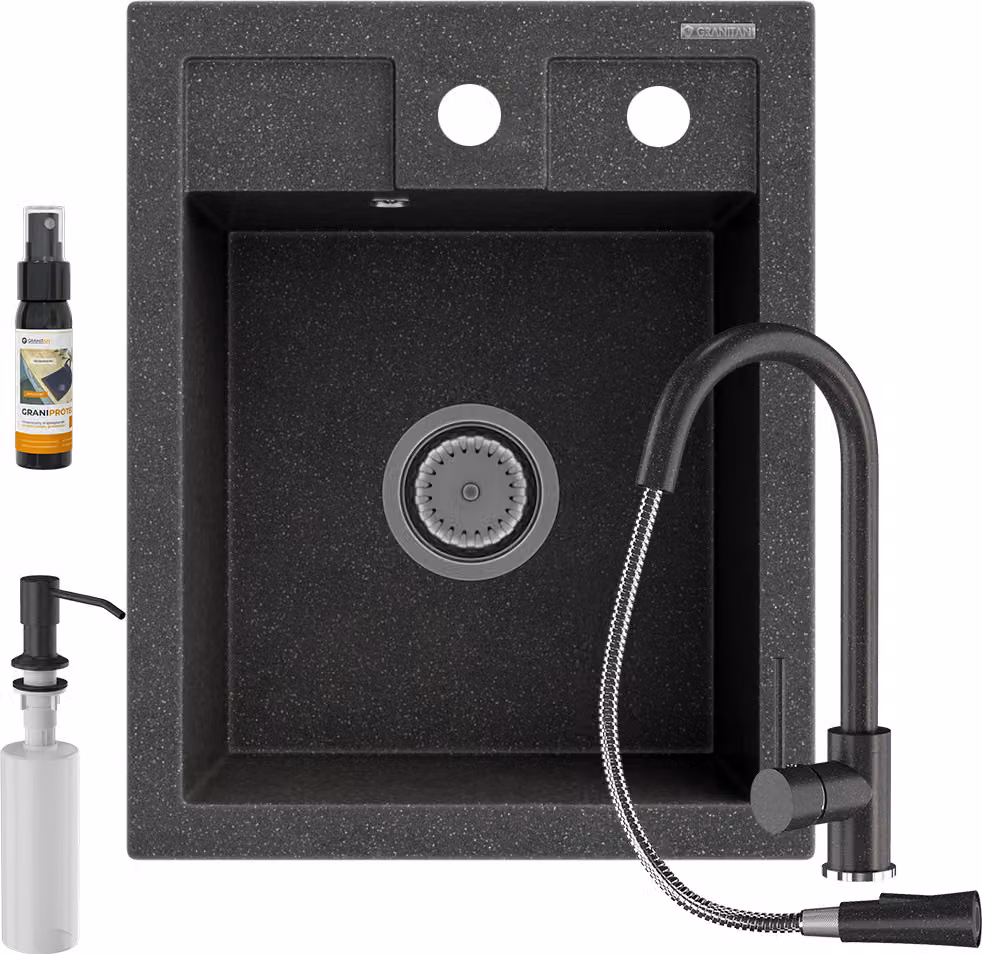 Granitan - Lavello in granito - Lavello da cucina - 50x40 cm - Nero - con rubinetteria LOSETO e dispenser per sapone - BEST