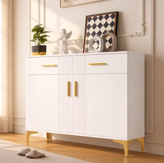 Madia moderna con 2 ante e 2 cassetti in MDF bianco, con maniglie e piedi in metallo, 80x35x79,5 cm