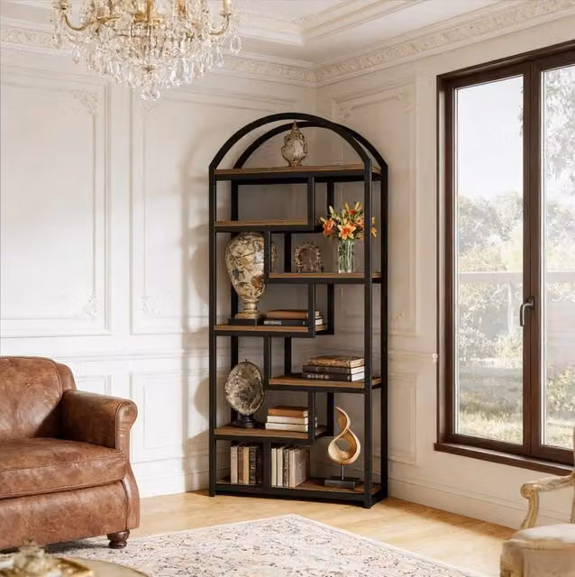 Libreria ULEVR alta 180 cm con 7 ripiani aperti, struttura in metallo e MDF nero e marrone rustico